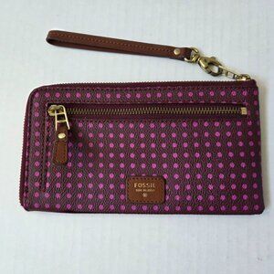 Fossil Wallet Wristlet Purple Pink Polka Dot Zip Around PVC Leather Boho Travel